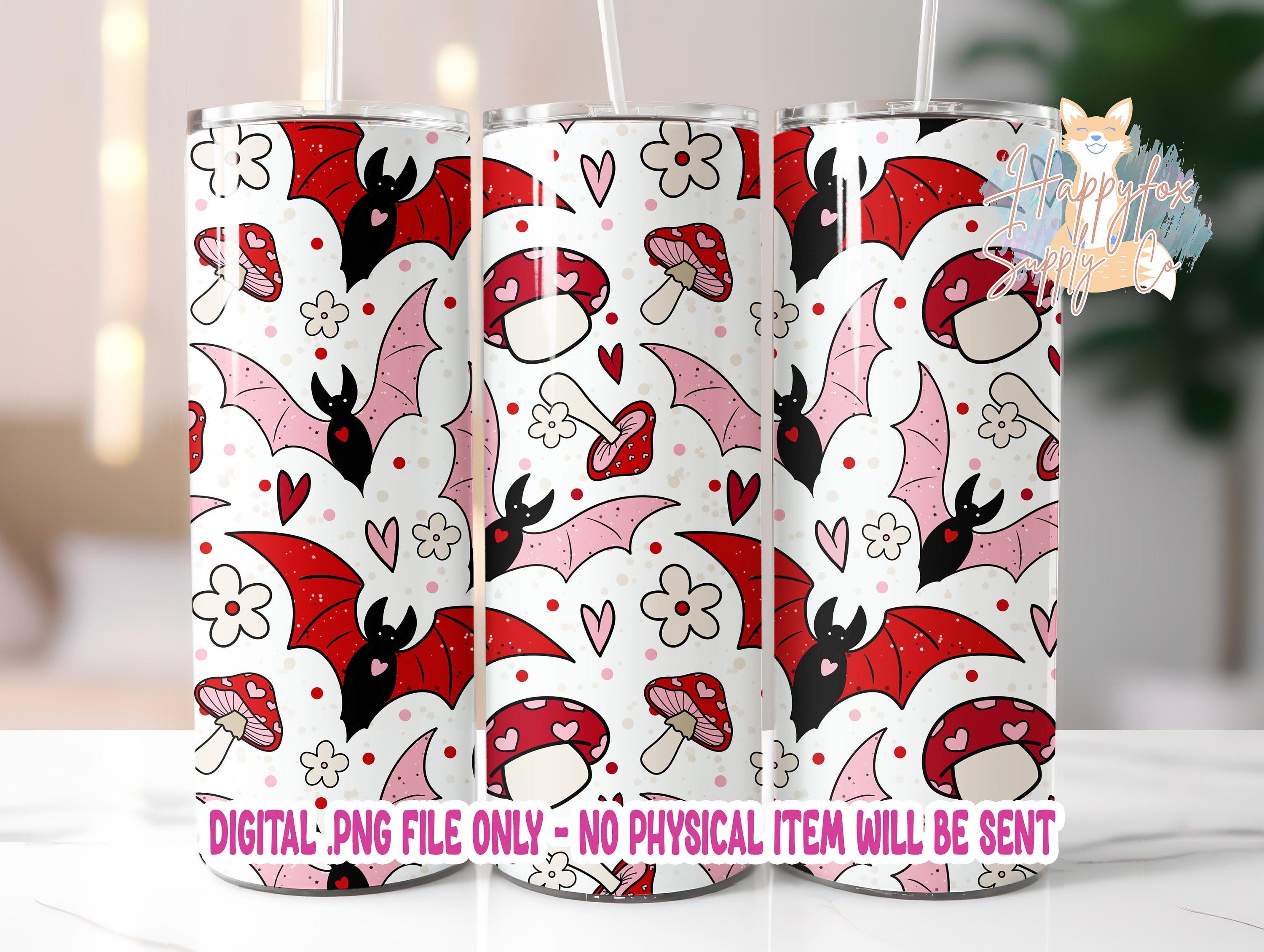 Spooky Valentine 20oz Skinny Tumbler Wrap Sublimation 300 DPI Straight Tumbler Wrap PNG Seamless Digital Wrap Bats Mushrooms Daisies