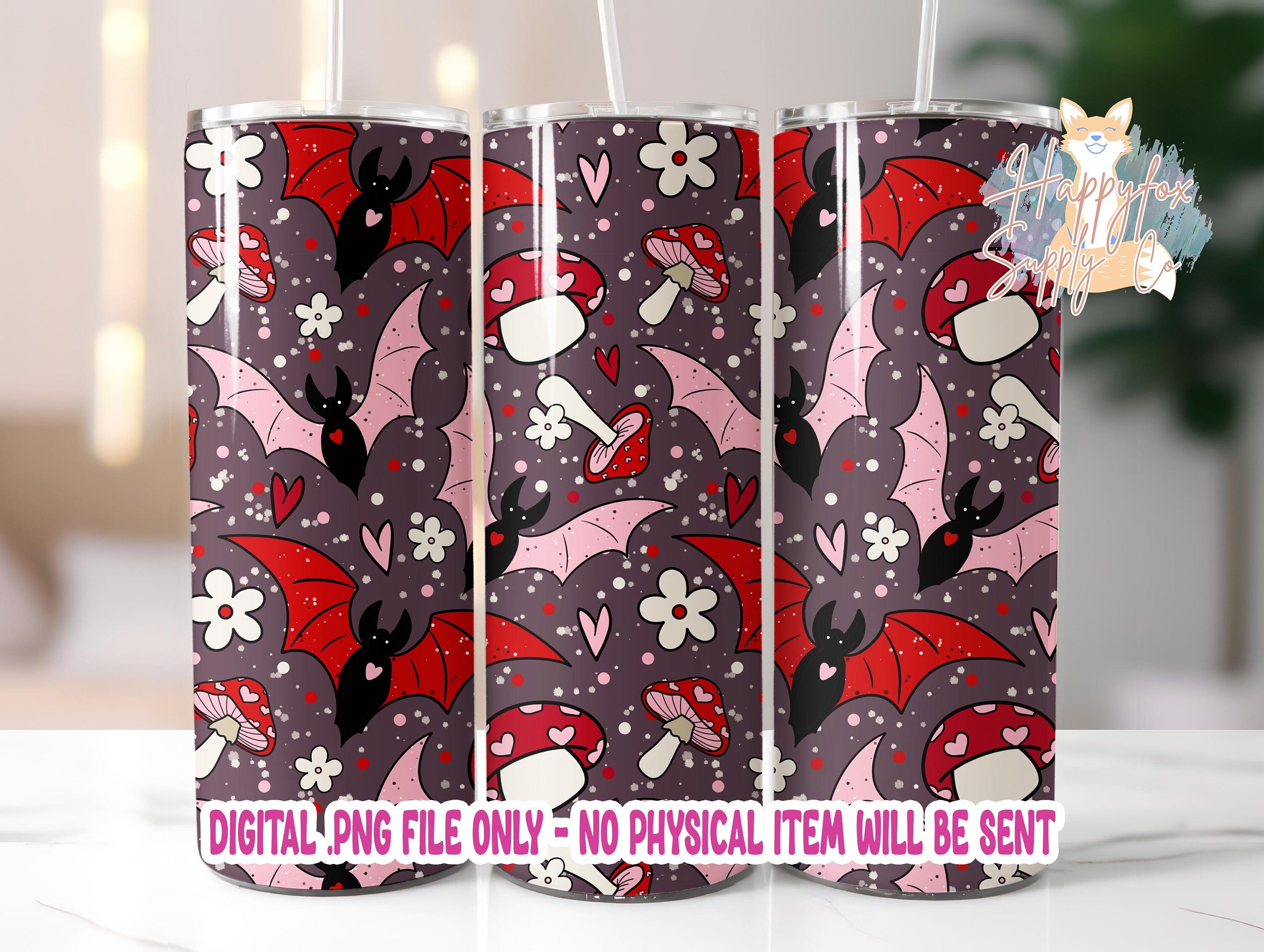 Spooky Valentine 20oz Skinny Tumbler Wrap Sublimation 300 DPI Straight Tumbler Wrap PNG Seamless Digital Wrap Bats Mushrooms Daisies Dark