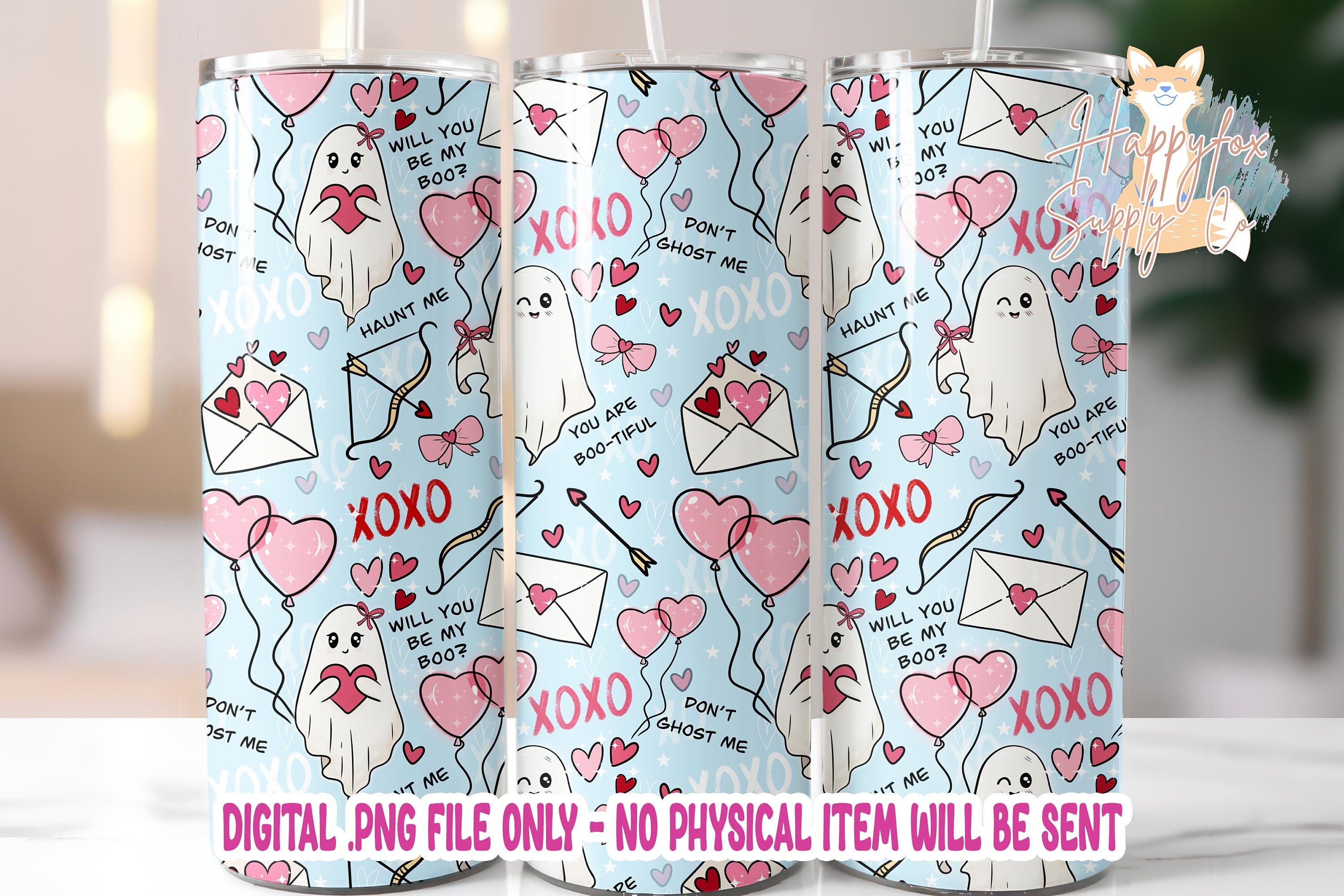 Spooky Valentine 20oz Skinny Tumbler Wrap Sublimation 300 DPI Straight Tumbler Wrap PNG Seamless Digital Wrap Cute Ghosts Be My Boo
