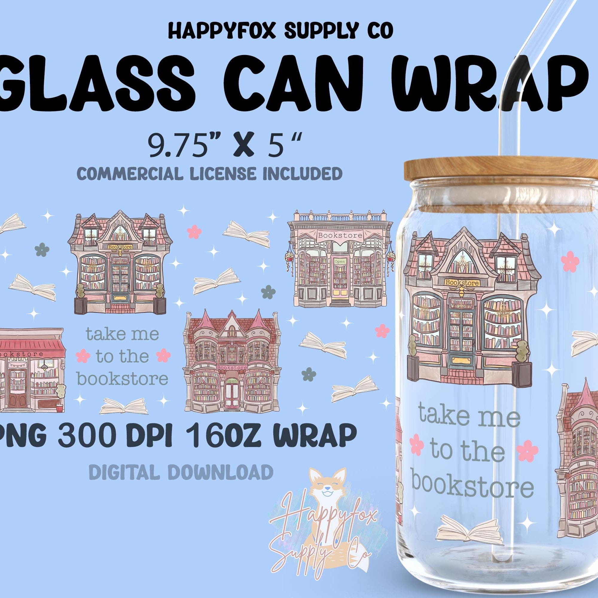 Digital Download 16oz Glass Can Wrap 300 DPI .PNG Bookstore UVDTF Sublimation Printed Vinyl Transparent 16oz Wrap Bookish Wrap Book Lover
