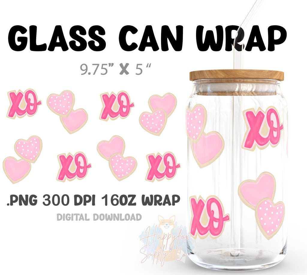 Digital Download 16oz Glass Can Wrap 300 DPI .PNG Valentine Cookies UVDTF Sublimation Printed Vinyl Transparent 16oz Wrap xoxo Cookies