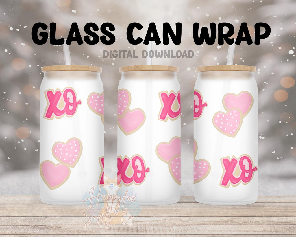 Digital Download 16oz Glass Can Wrap 300 DPI .PNG Valentine Cookies UVDTF Sublimation Printed Vinyl Transparent 16oz Wrap xoxo Cookies