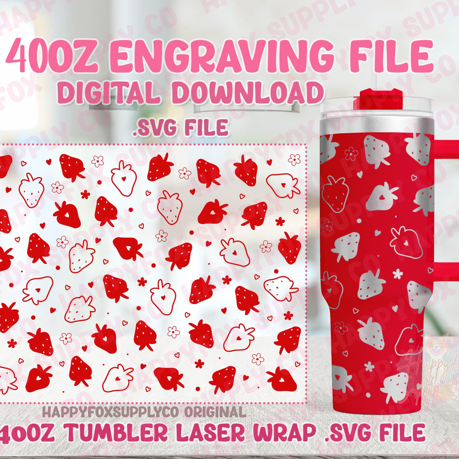 40oz Engraving .SVG File for Lasers Laser Engraved Tumbler Wrap Strawberries Flowers Retro Hearts Valentine Boho .SVG Tumbler Wrap