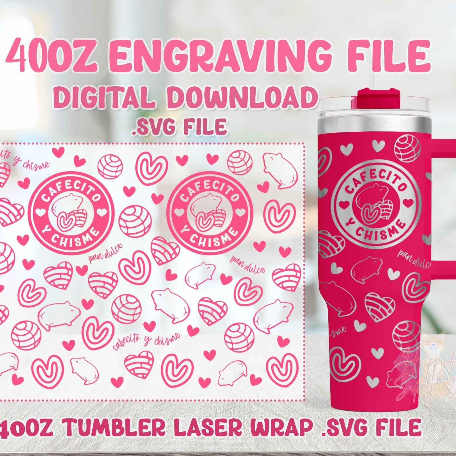40oz Engraving .SVG File for Lasers Laser Engraved Tumbler Wrap Cafecito Y Chisme Concha Pan Dulce .SVG Tumbler Wrap