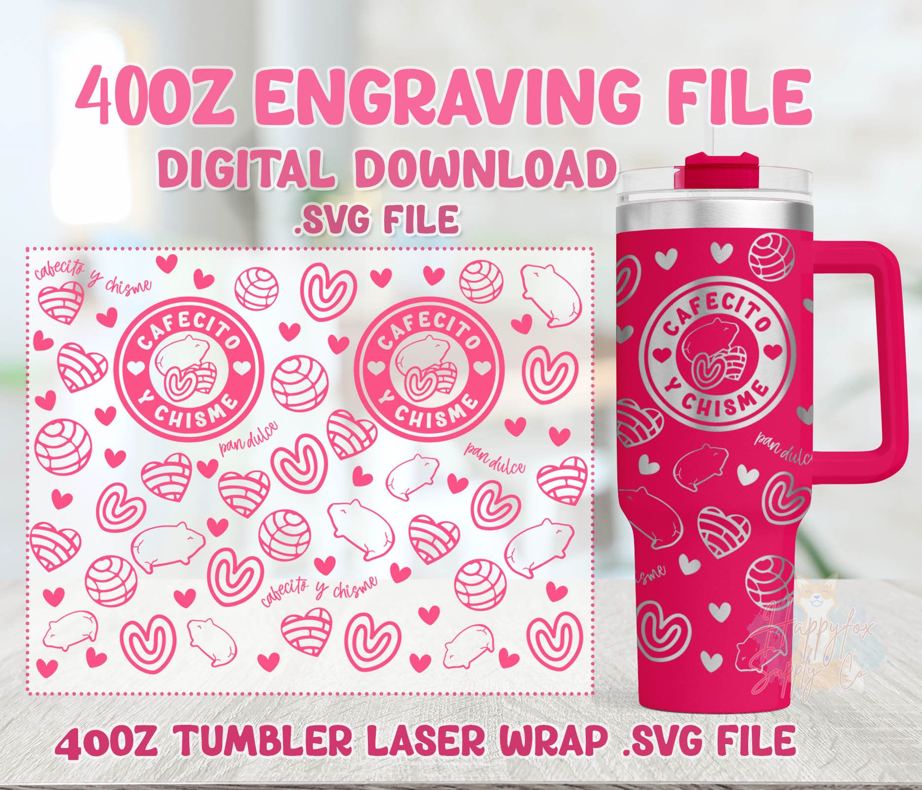 40oz Engraving .SVG File for Lasers Laser Engraved Tumbler Wrap Cafecito Y Chisme Concha Pan Dulce .SVG Tumbler Wrap