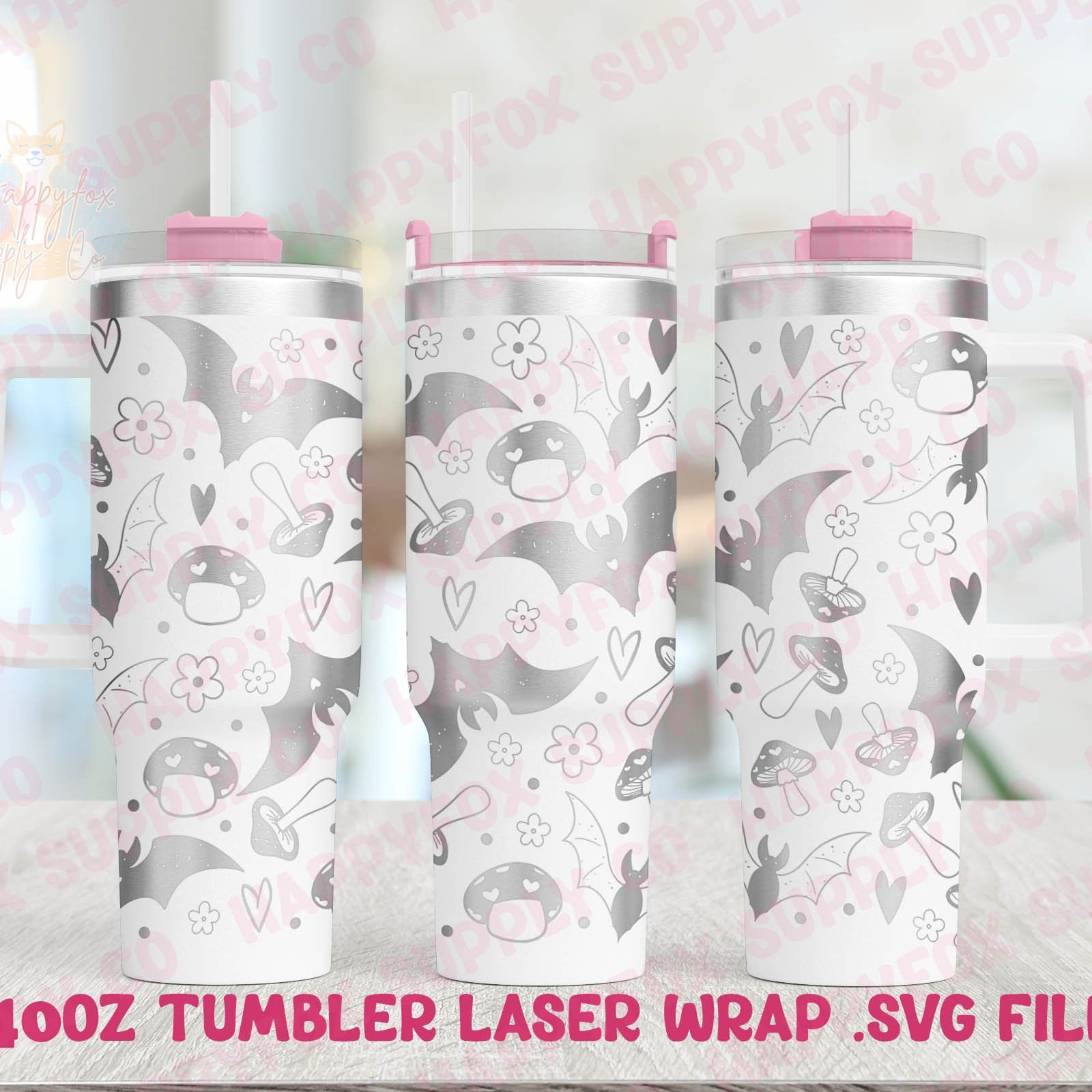 40oz Engraving .SVG File for Lasers Laser Engraved Tumbler Wrap Bats & Mushrooms Hearts Flowers Retro Spooky Cute .SVG Tumbler Wrap