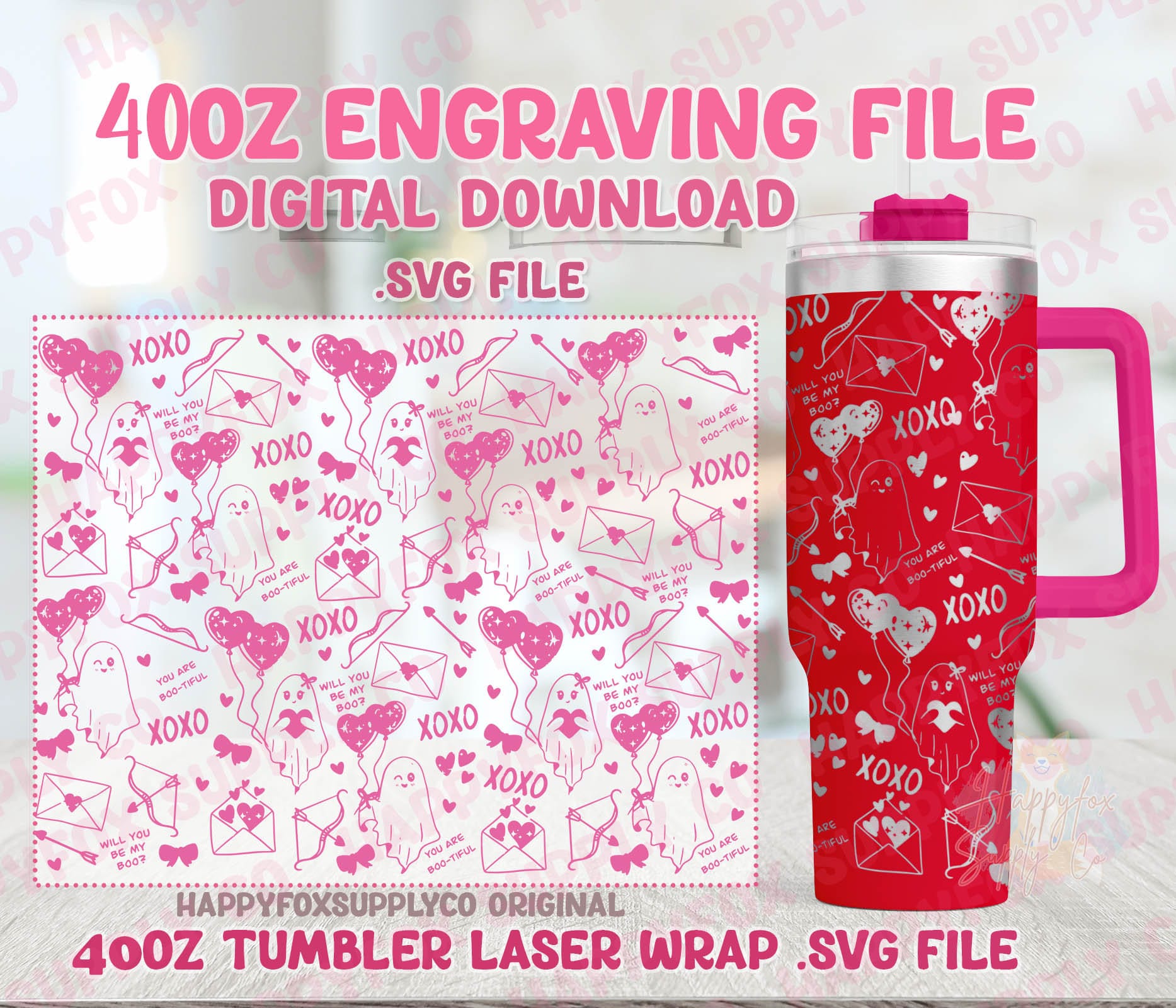 40oz Engraving .SVG File for Lasers Laser Engraved Tumbler Wrap Be My Boo Valentine Ghosts Spooky Valentine Cute XOXO .SVG Tumbler Wrap