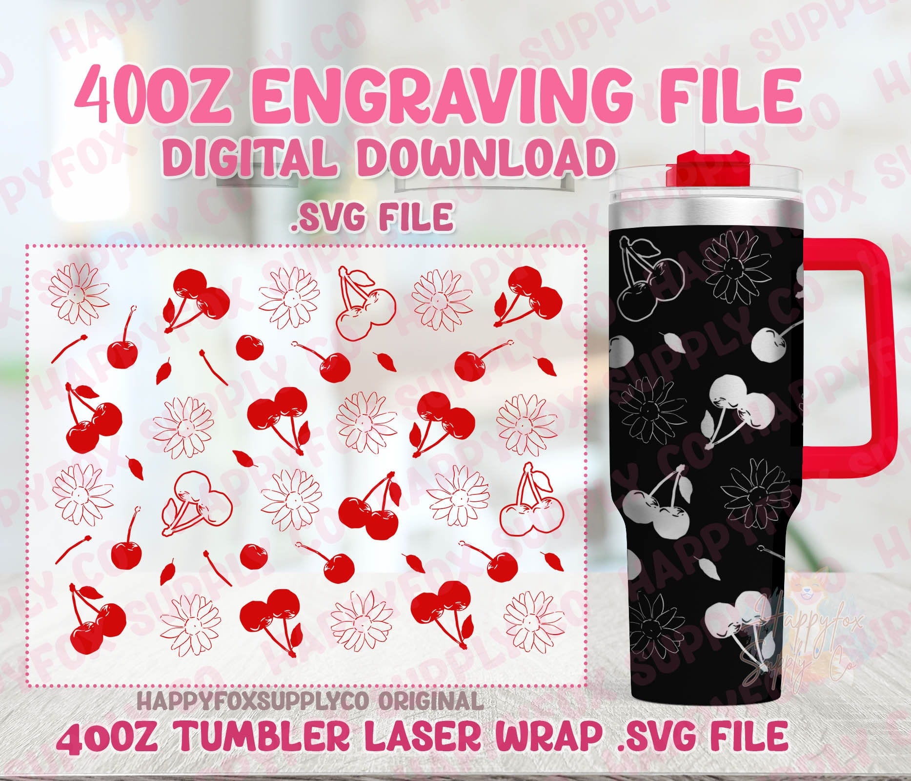 40oz Engraving .SVG File for Lasers Laser Engraved Tumbler Wrap Cherries Flowers Daisies Retro Spring Cute .SVG Tumbler Wrap