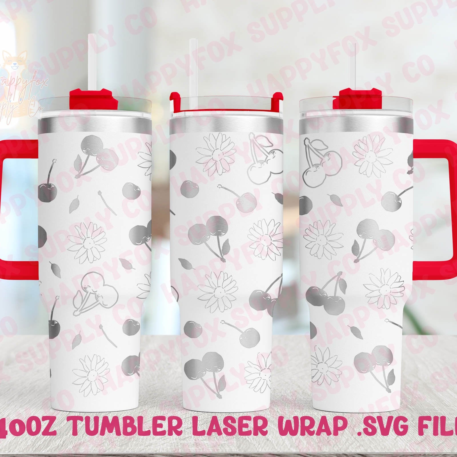 40oz Engraving .SVG File for Lasers Laser Engraved Tumbler Wrap Cherries Flowers Daisies Retro Spring Cute .SVG Tumbler Wrap